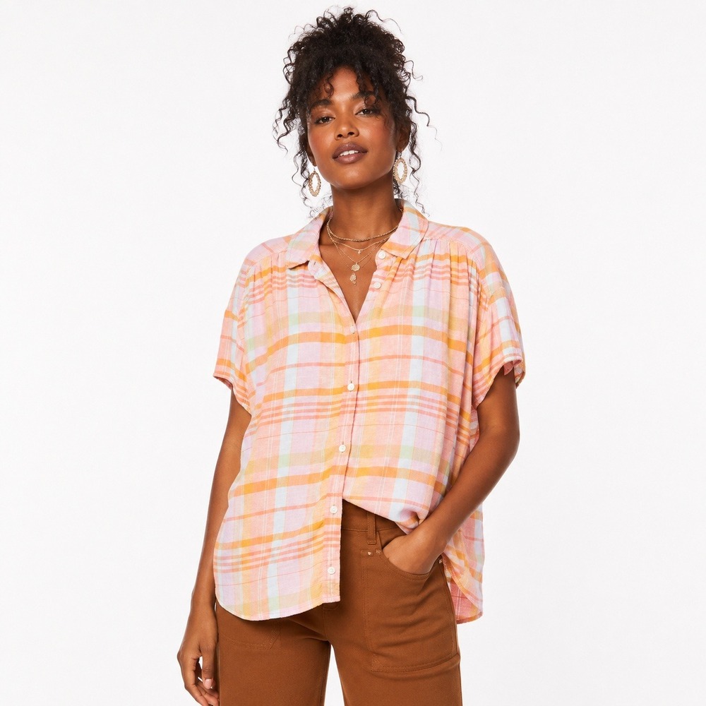 American Eagle Plaid Button Down Short Sleeve Shirt Pastel Pink Orange Size M